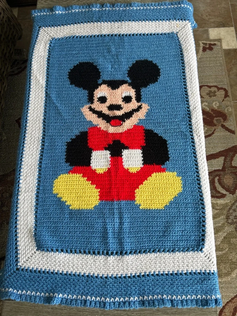 VTG Disney Mickey Mouse Afghan Crochet Handmade Blanket Throw Blue